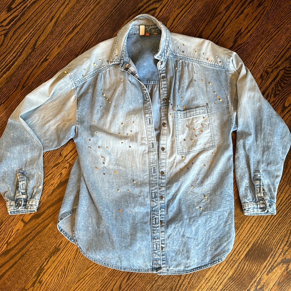 Like new oversized  embellished Jean Button up